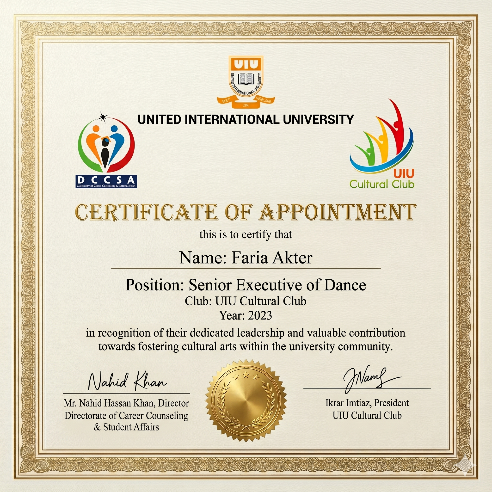 UIU Cultural Club Certificate